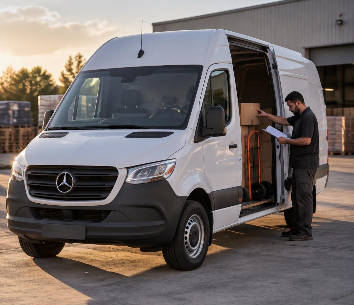Motorista conferindo notas fiscais enquanto coloca os pedidos em uma van Mercedes-Benz