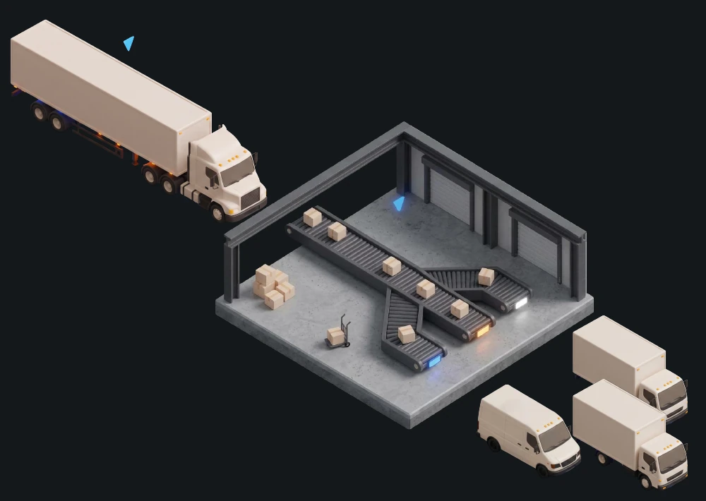 Ilustração isométrica de um hub de cross docking com caminhão, esteiras e veículos de entrega