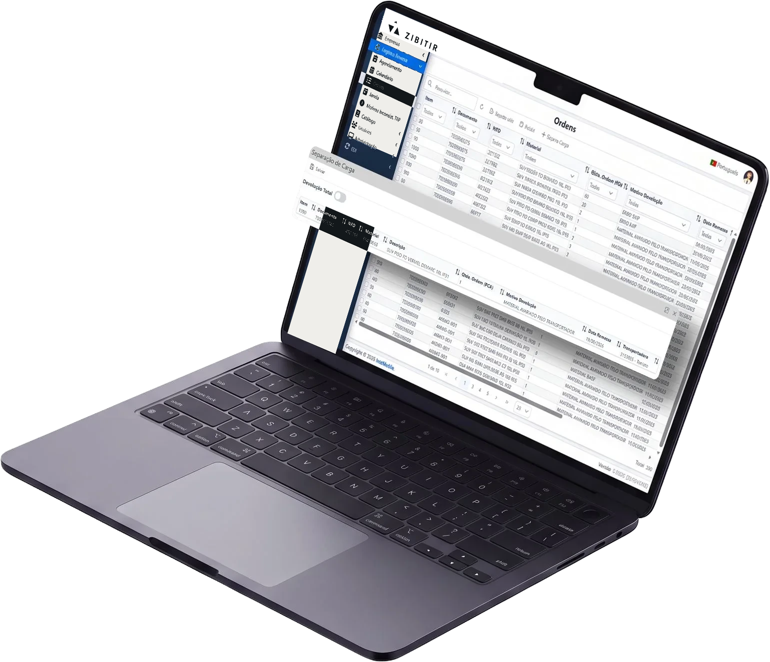 Notebook exibindo a plataforma Zibitir Logística Reversa