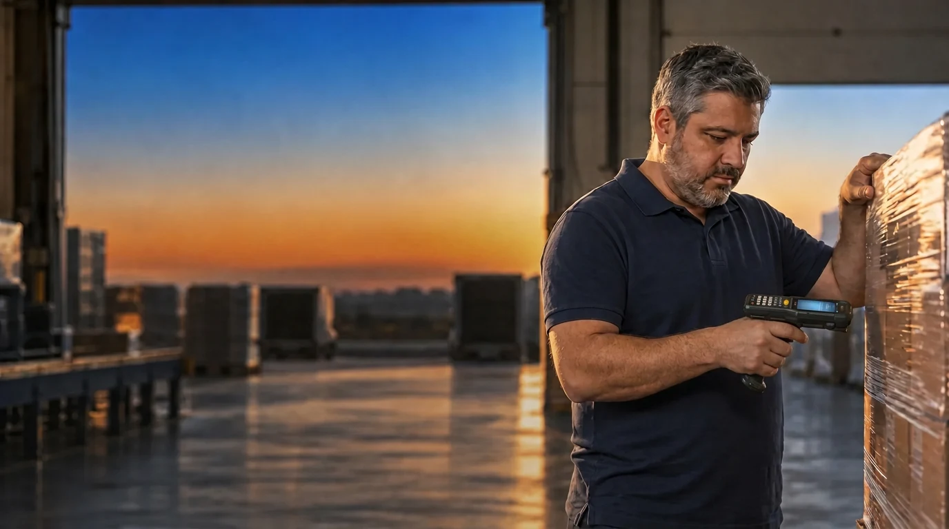 Operador lendo o código de uma carga com coletor digital dentro do galpão
